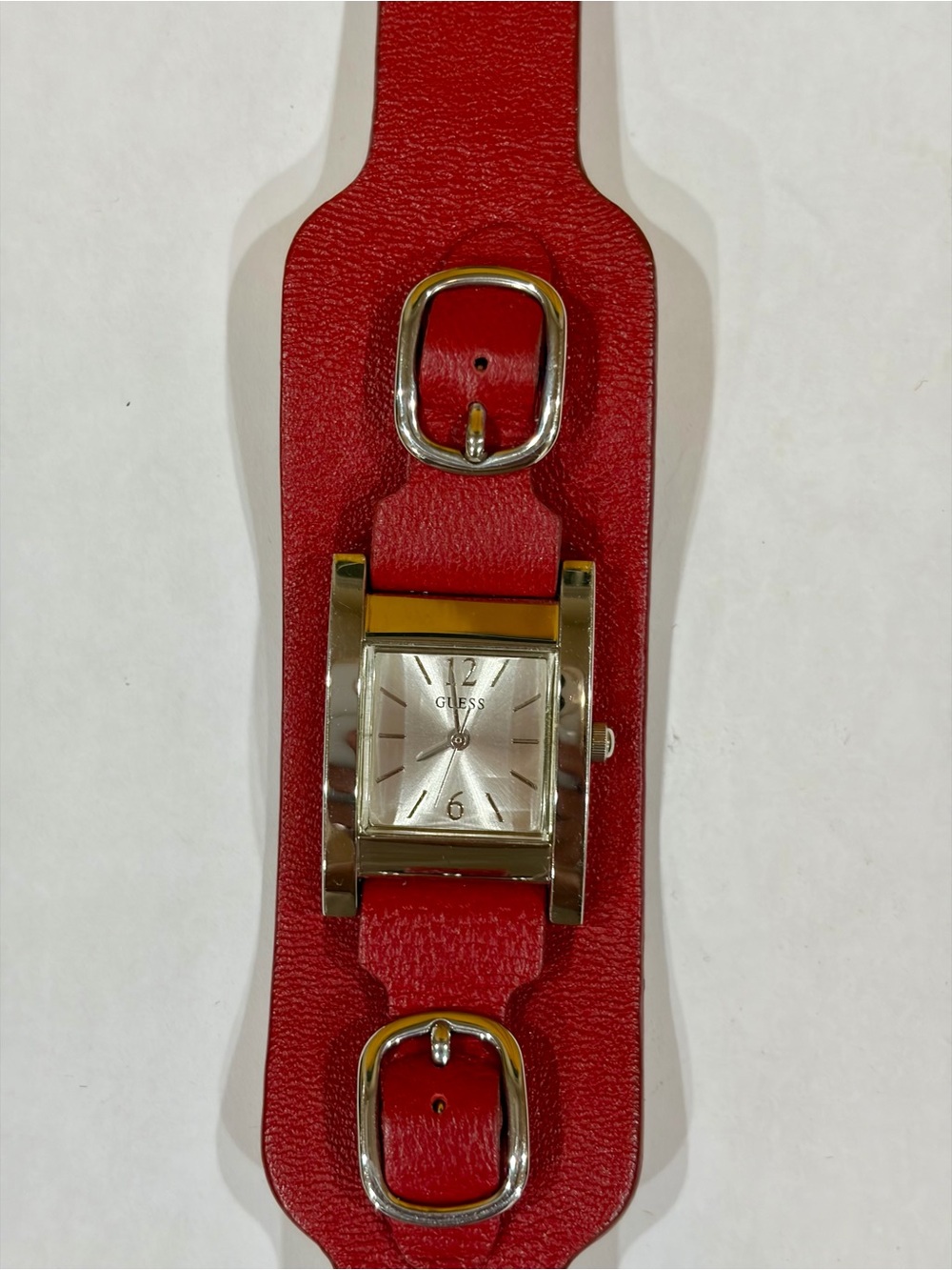 Guess Silver Square Dial Watch with Red Leather Cuff